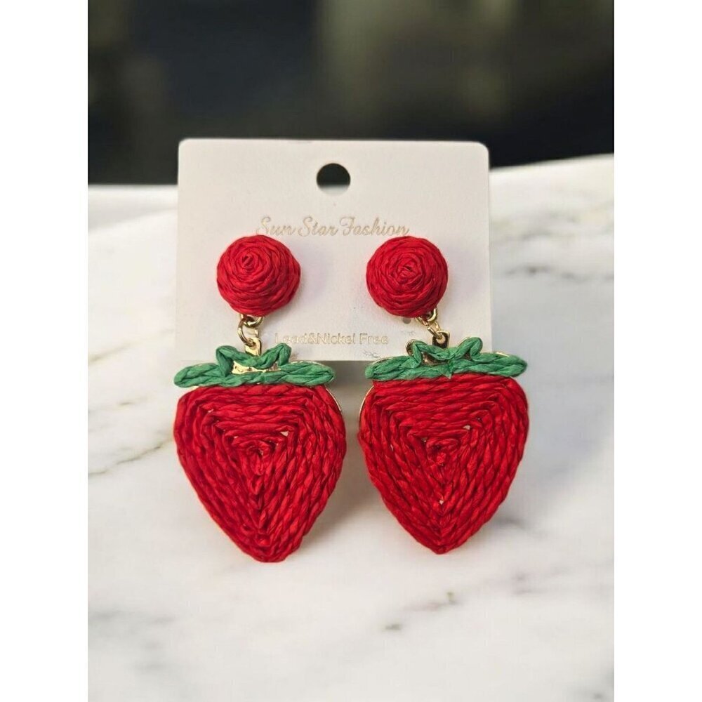 New Red Rope Boho Chich Strawberry Drop Earrings Summertime Fashion Jewelry